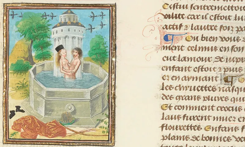 A miniature of Salmacis and Hermaphroditus in a a manuscript. Ovide Moralisé. Credit: BNF.
