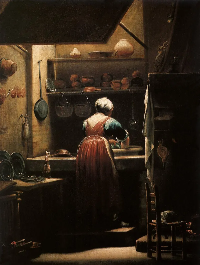 The Scullery Maid by Giuseppe Maria Crespi (c. 1710–15), depicting the hard realities of domestic work.