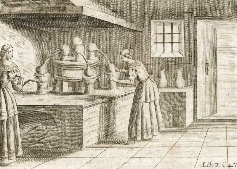 Engraving of women distilling herbs in a Renaissance kitchen, showcasing the era's domestic alchemy practices. Credit: Wikimedia Commons