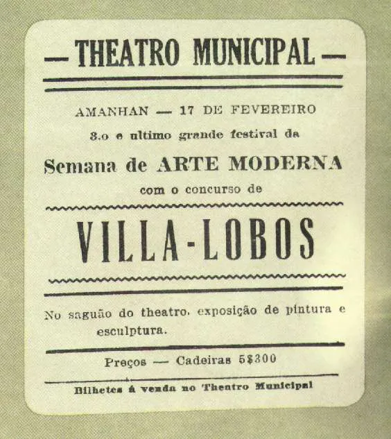 A historic flyer for the final day of the 1922 Week of Modern Art in São Paulo, featuring Heitor Villa-Lobos.