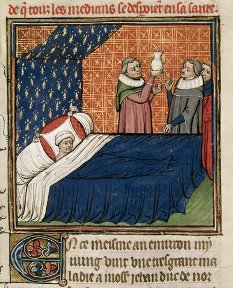 A physician inspects a flask of urine, determining the health of the Duke of Normandy. (Image from British Library, Royal 16 G VI, f. 256v)