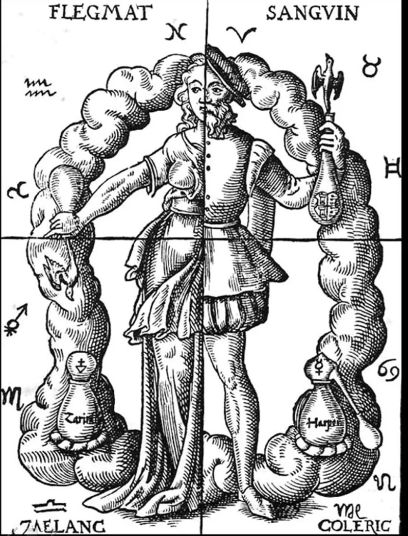 Quinta Essentia illustration showing the four humors in relation to the four elements and zodiacal signs (Wikimedia Commons)