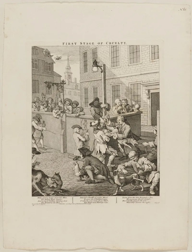 William Hogarth, 'The First Stage of Cruelty' (1751), showing cats being tormented, the image used on the cover of Darnton's book.