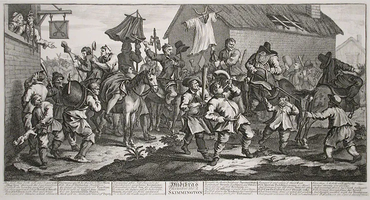 William Hogarth's 'Hudibras Encounters the Skimmington' (1726), depicting a charivari procession, a public shaming ritual with noise, masks, and mock ceremonies.