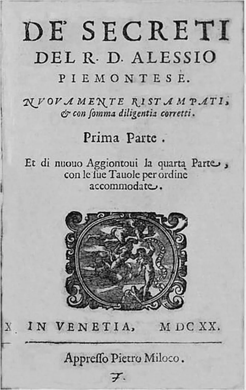 Title page of "De Secreti del R.D. Alessio Piemontese," a Renaissance book of secrets detailing various alchemical and medicinal recipes.