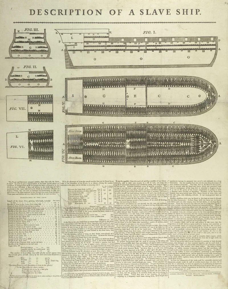 The Brookes slave ship diagram (1788), showing enslaved Africans packed into the hold, one of the most powerful abolitionist images, and an example of the archive of slavery Saidiya Hartman confronts.