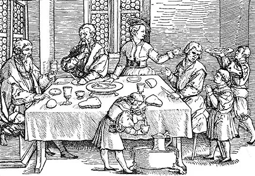 'The Family at Table' (Tischzucht) woodcut by Georg Pencz (1534), illustrating a Hans Sachs poem on table manners, the kind of conduct literature Norbert Elias studied in The Civilizing Process.