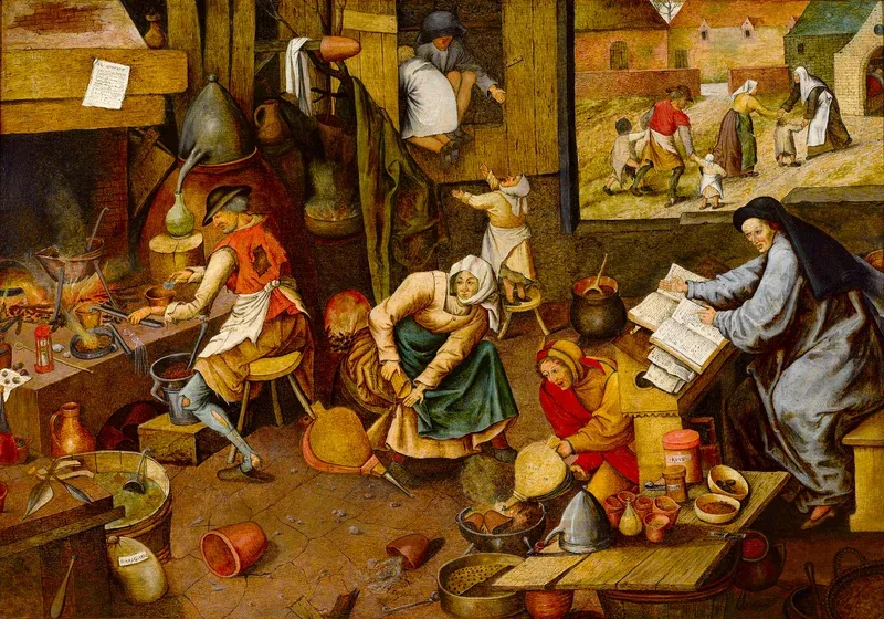 Pieter Bruegel the Elder's depiction of an alchemist's busy workshop, illustrating the chaotic pursuit of alchemical knowledge.