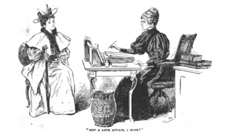 A Victorian illustration of a woman at a desk with the caption 'Not a love affair, I hope?'