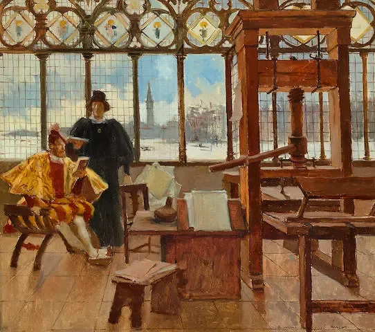 19th century painting showing Aldus Manutius' printing workshop in Venice. (Collection of the Grolier Club)