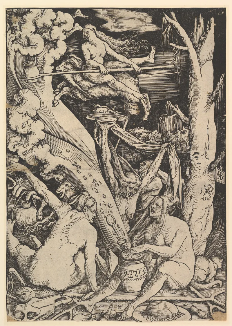 Hans Baldung Grien, 'The Witches' Sabbath' woodcut (1510), depicting the fantastical imagery of flying witches and demonic rituals that appeared in witch trial confessions.