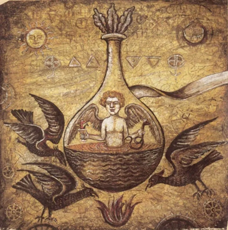 An alchemical illustration depicting a winged homunculus in a vessel, surrounded by birds.