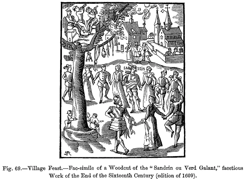 A late sixteenth-century French woodcut of a village feast, from Sandrin ou Verd Galant (1609 edition), the kind of rural community where the real Martin Guerre's story unfolded.