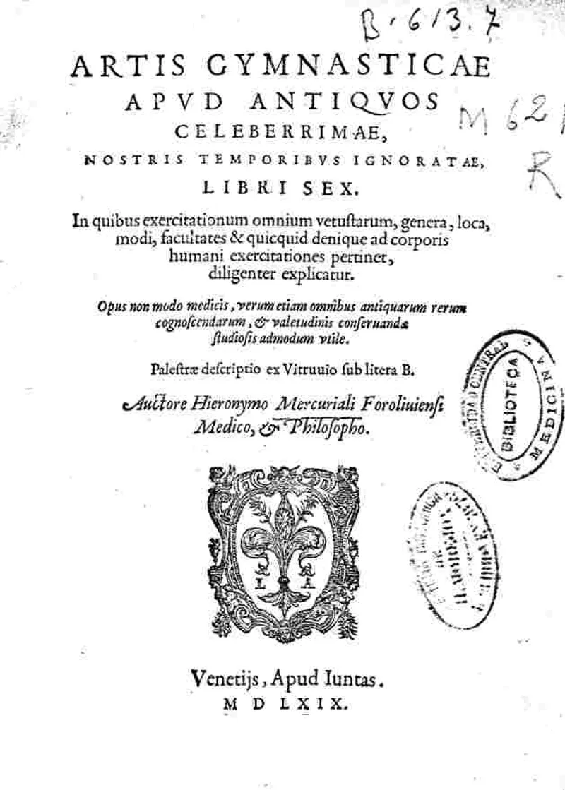 Title page of "De Arte Gymnastica" by Girolamo Mercuriale, 1569.