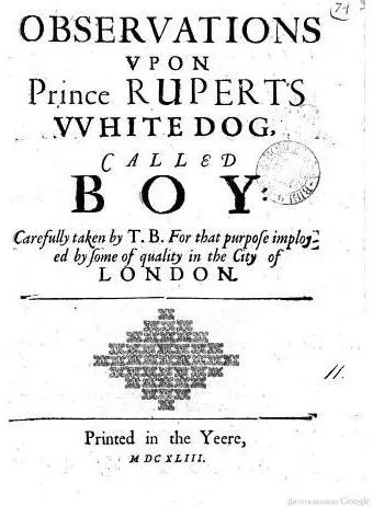 Title page of 'Observations Upon Prince Rupert's White Dog Called Boy', 1643.