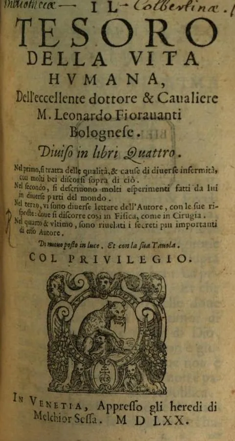 Cover of Il Tesoro Della Vita Humana, by Leonardo Fioravanti (1570) (Public Domain)