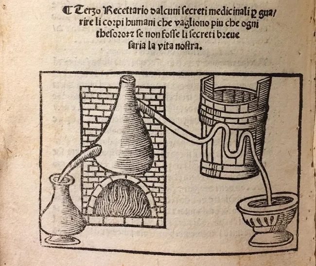 Illustration of a distillation process from a Renaissance alchemical text, showcasing the period's experimental techniques.