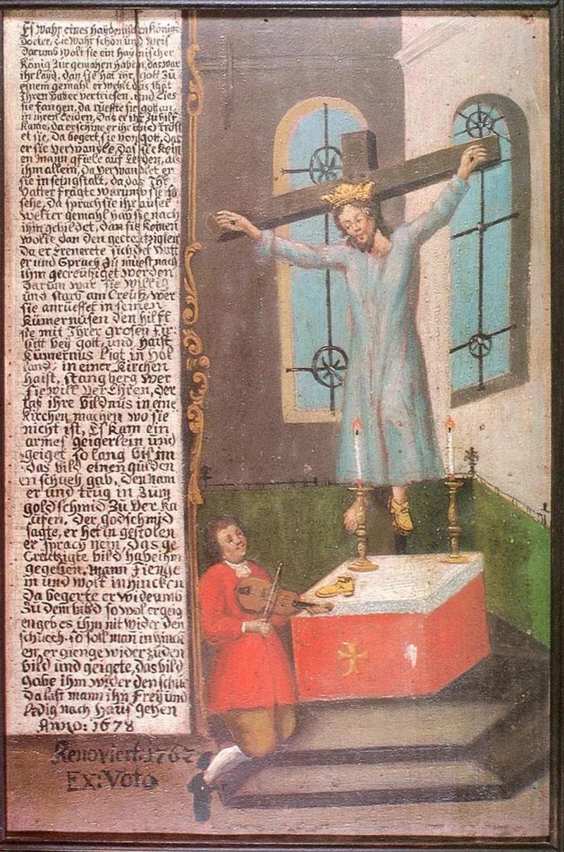 A late 15th-century drawing on St Wilgefortis on a German manuscript. (Wikimedia Commons)