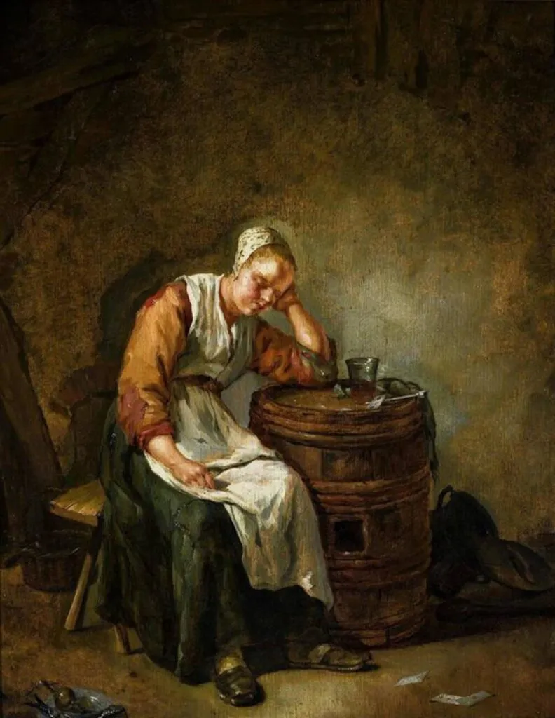 A painting of a maid resting her head on a barrel, reflecting the exhaustion of domestic work. (Public Domain)