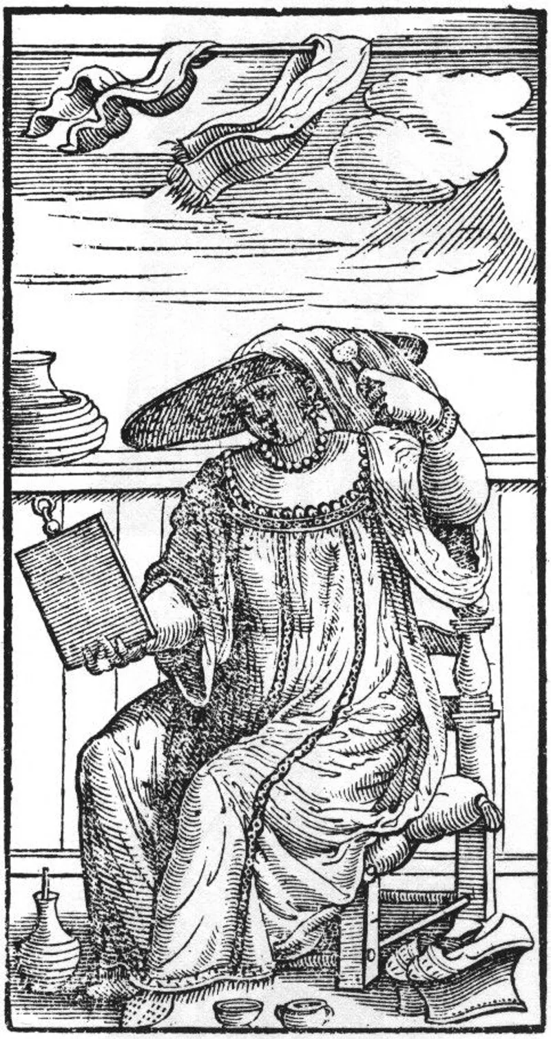 A venetian woman dying her hair in the roof of a house (altana), wearing a sun hat (solana).