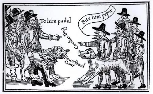 Woodcut from 'A Dialogue, or Rather a Parley betweene Prince Ruperts Dogge' showing two dogs — Puddle and Pepper — facing off, 1643.