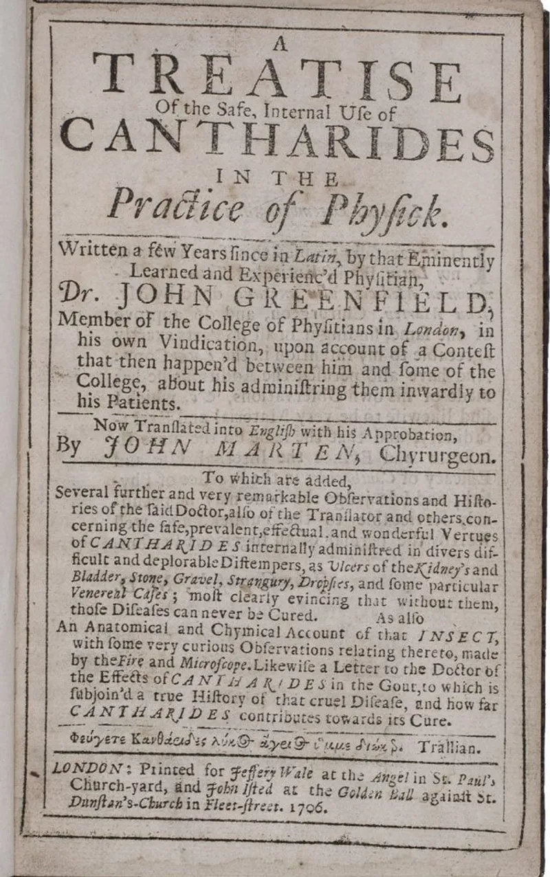 An 18th-century book on the medical uses of cantharides ('Spanish fly'). (Credit: Biblio)