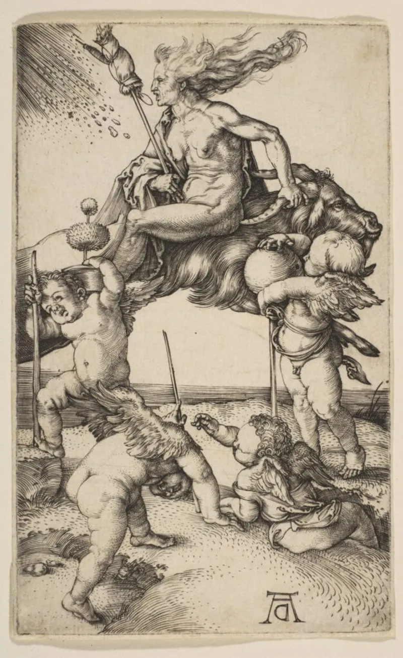 The Witch by Albrecht Dürer, depicting a nude woman riding backwards on a goat.
