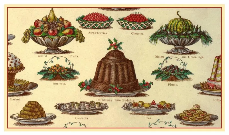 An illustration of Victorian Christmas delicacies, including plum pudding and custards.