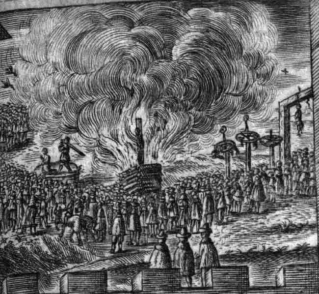 A 1662 German broadsheet depicting a witch burning, from the period of the European witch trials that Lyndal Roper analysed.