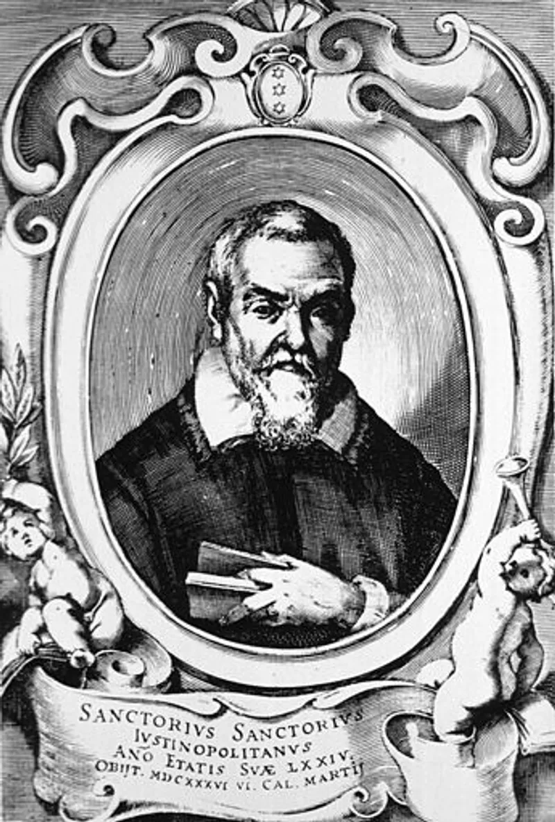 Portrait of Santorio Santorio, a physician known for his mechanical approach to digestion.