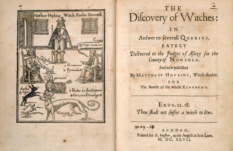 Frontispiece from Matthew Hopkins' 'The Discovery of Witches', 1647, showing Hopkins with two accused witches naming their animal familiars.