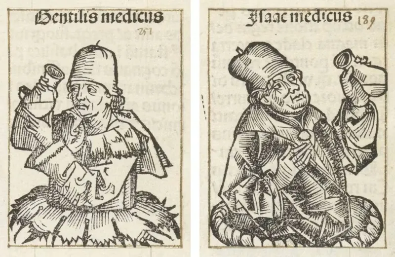 Woodcut illustrations of medieval doctors carefully analysing urine flasks for signs of illness. (Wellcome Collection)