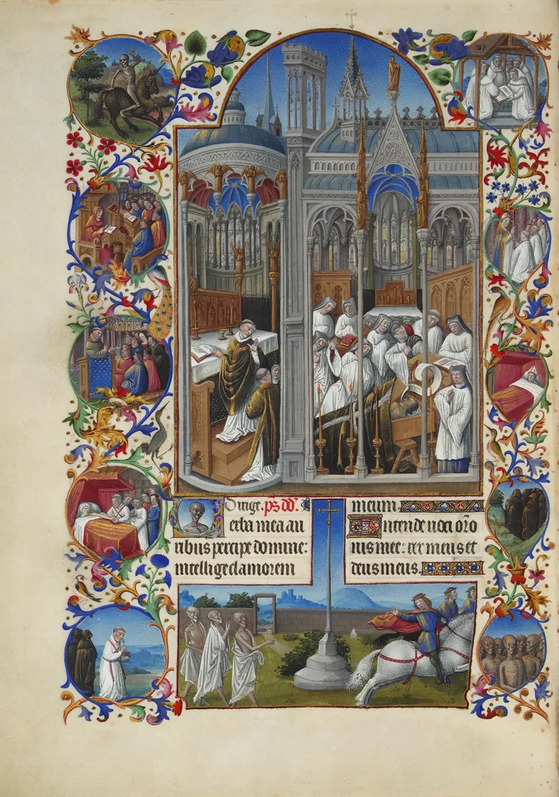 The Funeral of Raymond Diocrès, from the Très Riches Heures du Duc de Berry (c.1411–1416), a dramatically emotional scene in which a dead professor rises from his coffin during his own funeral.