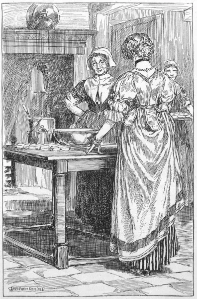 An illustration of kitchen staff preparing food, by Stephen Reid (1909).
