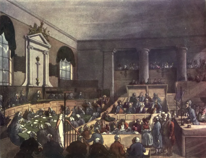 The interior of the Old Bailey courtroom, from a 1809 aquatint by Thomas Rowlandson and Augustus Charles Pugin, the court whose 200,000 digitised trial records became a landmark in digital history.