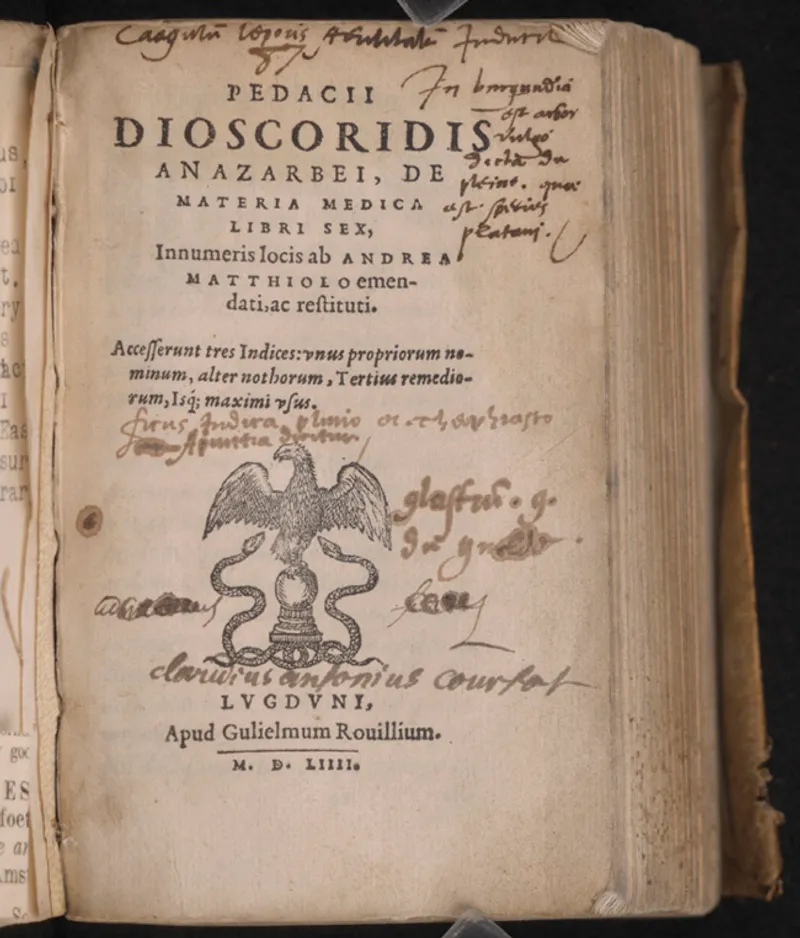 Title page of Dioscorides' "Materia Medica" with annotations.