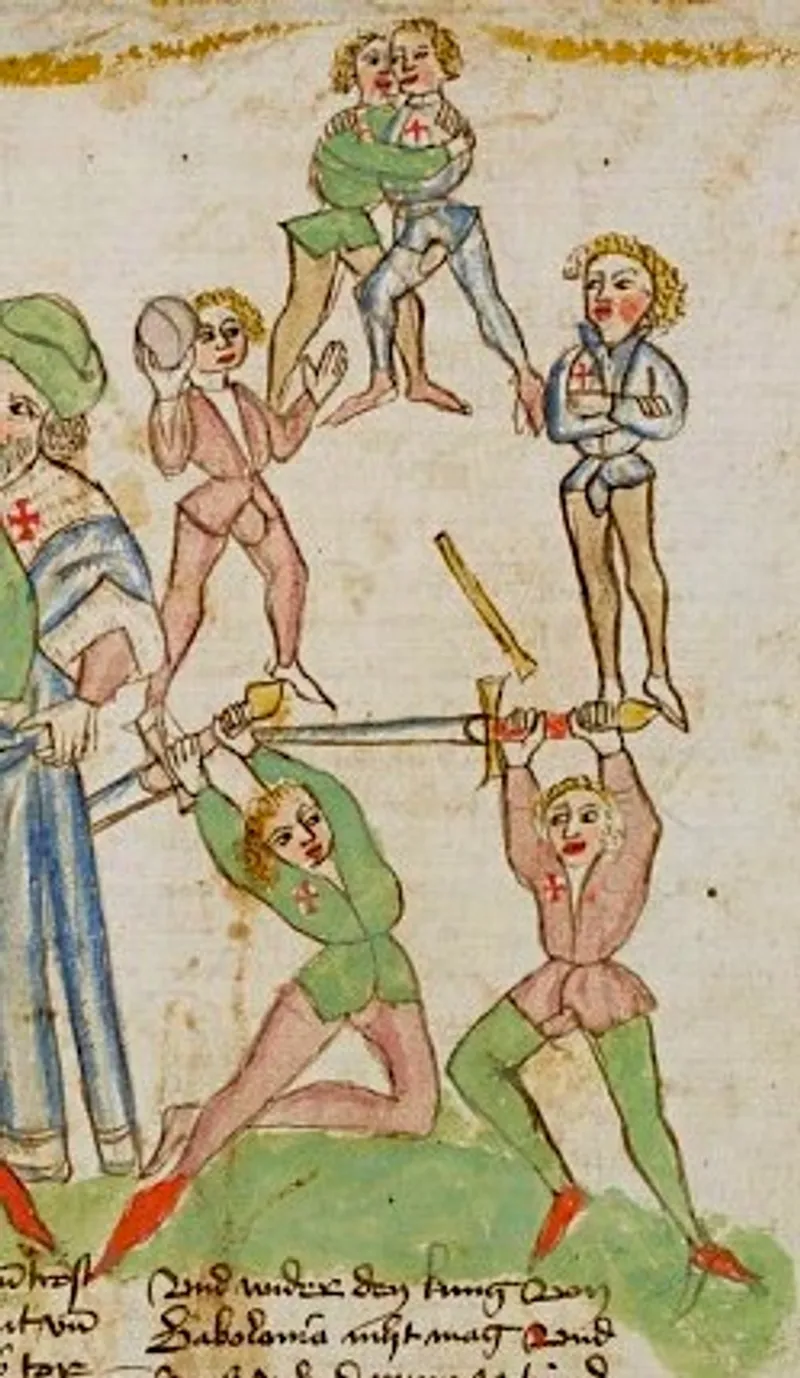 Medieval manuscript depicting physical exercises and activities.
