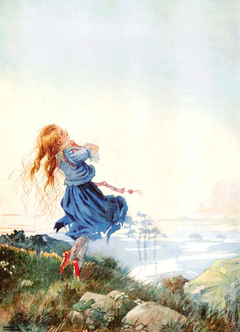 Karen dances across a rugged hillside, her stockings torn from the endless dancing