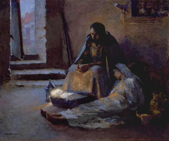 An exhausted Mary rests by the newborn Jesus with Joseph at her side (Julius Garibaldi Melchers: The Nativity, 1891 – Gari Melchers Home and Studio).