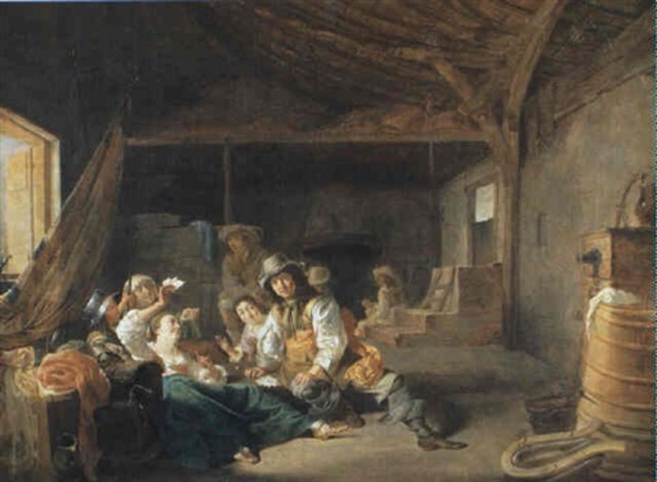 Everyday life: Soldiers and women playing cards in a barn by Jacob Duck (1600-1667).
