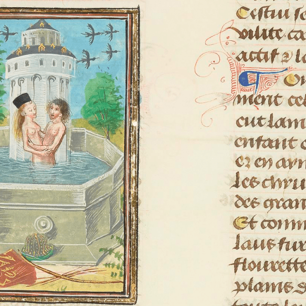 A miniature of Salmacis and Hermaphroditus in a a manuscript. Ovide Moralisé. Credit: BNF.