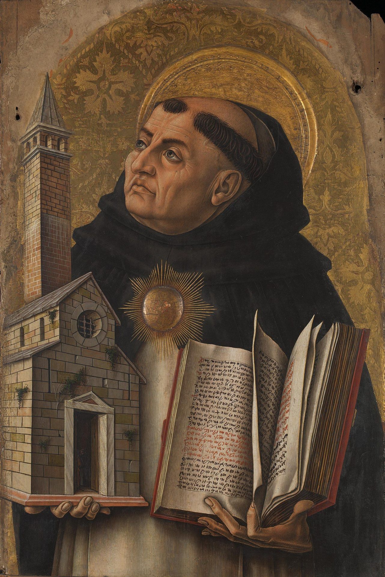 Thomas Aquinas in a 15th-century altarpiece (Ascoli Piceno, Italy, by Carlo Crivelli).
