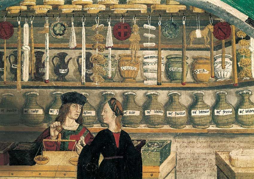 An apothecary’s shop, 15th-century fresco (Anonymous), at Castello di Issogne (Northern Italy). Credit: Bridgeman Images