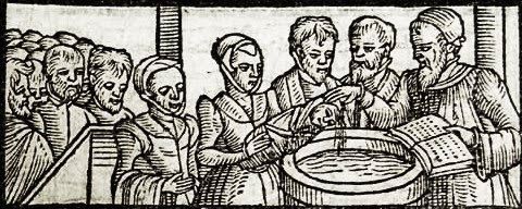A woodcut of a baptism, in A Booke of Christian Prayers by Richard Day (1581). Credit: V&A