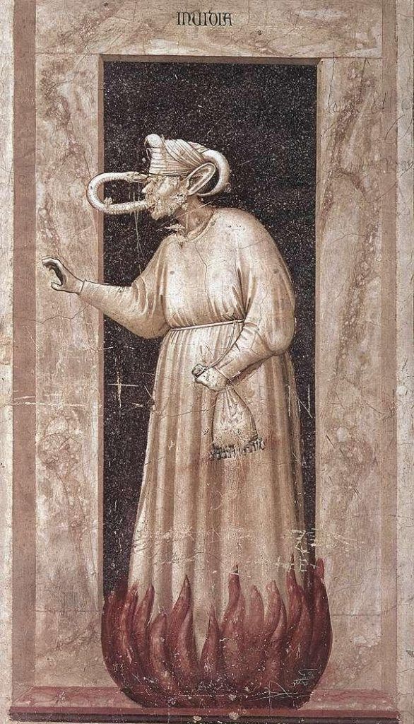 Envy depicted as an old woman in Giotto’s 1306 series of vices and virtues in the Capella degli Scrovegni, Padova.