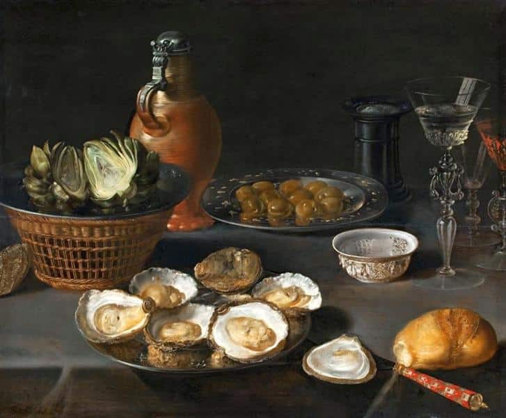 Still Life with Artichokes, by Osias Beert (1610), including oysters, another aphrodisiac. (Public Domain)