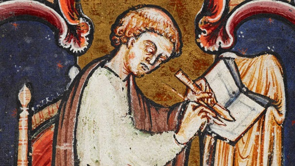 Portrait of Venerable Bede writing, from a 12th-century copy of his Life of St Cuthbert. (Credit: British Library)