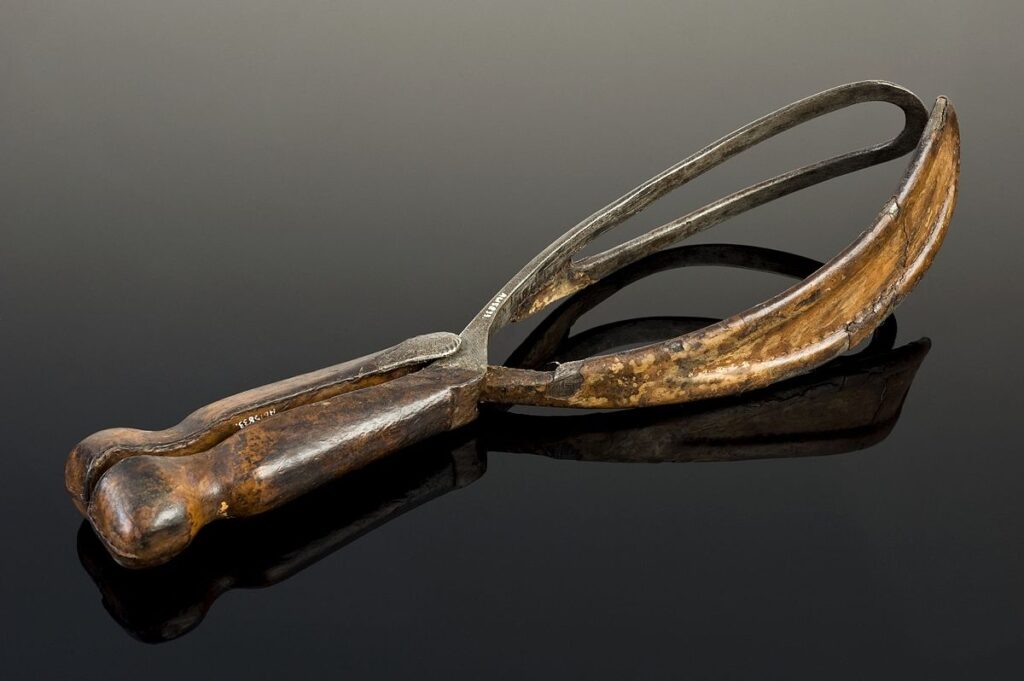 A forceps following the design of the man-midwife William Smellie, with leather over steel, mid-18th century. (Wikimedia Commons)
