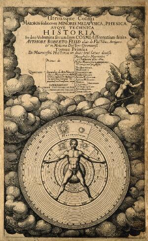 17th-century engraving of man as the microcosm and the universe as macrocosm, by T. de Bry. (Credit: Wellcome Images)