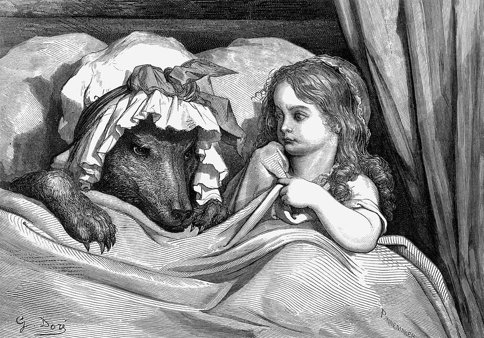 Gustave Doré's Little Red Riding Hood in bed with the wolf (1862). (Public Domain)